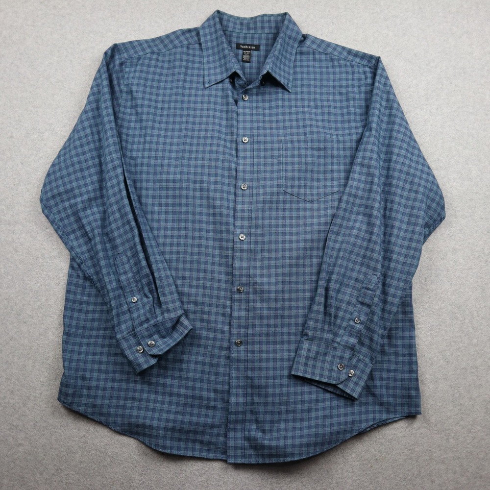 Van Heusen Shirt Mens XL Button Up Blue Plaid Long Sleeve Pocket Business Casual